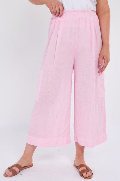 WASHED LINEN  WIDE LEG CROP TROUSERS