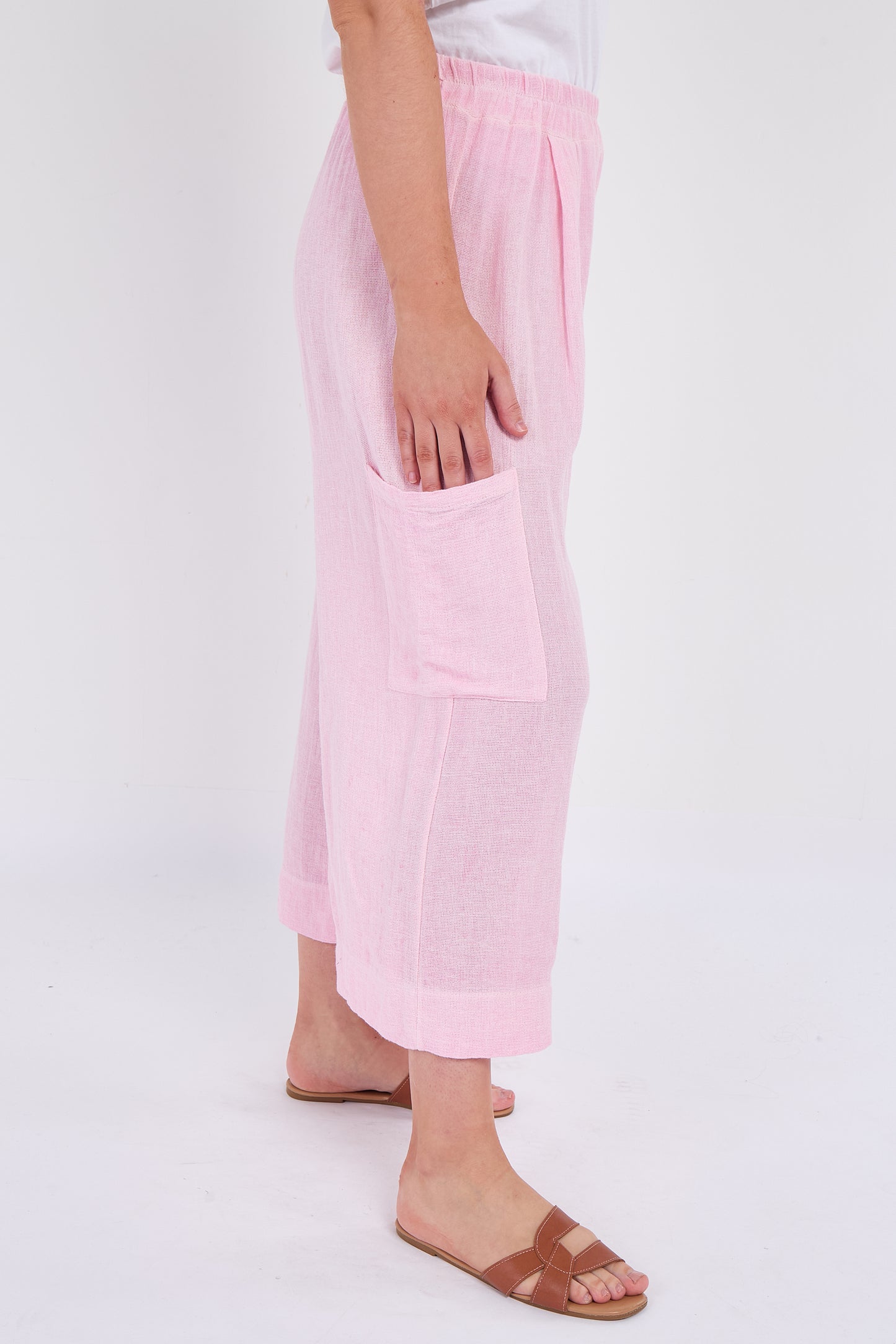 WASHED LINEN  WIDE LEG CROP TROUSERS