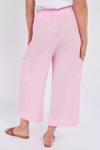 WASHED LINEN  WIDE LEG CROP TROUSERS