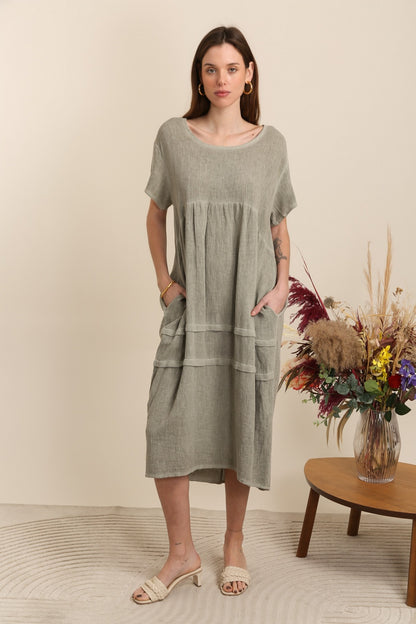 WASHED LINEN SIDE POCKET DRESS