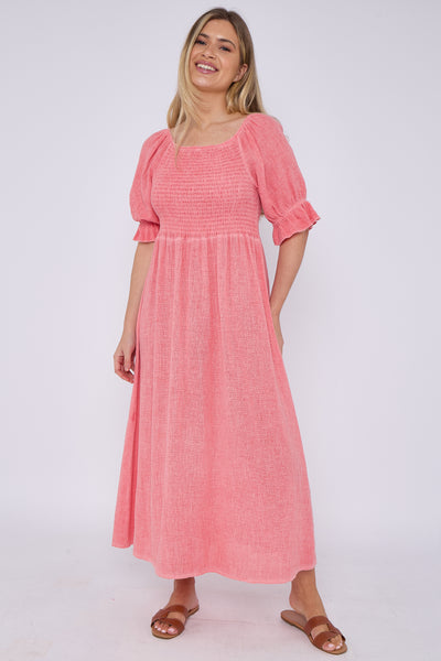 WASHED LINEN SHIRRED RUFFLE SLEEVE MAXI DRESS