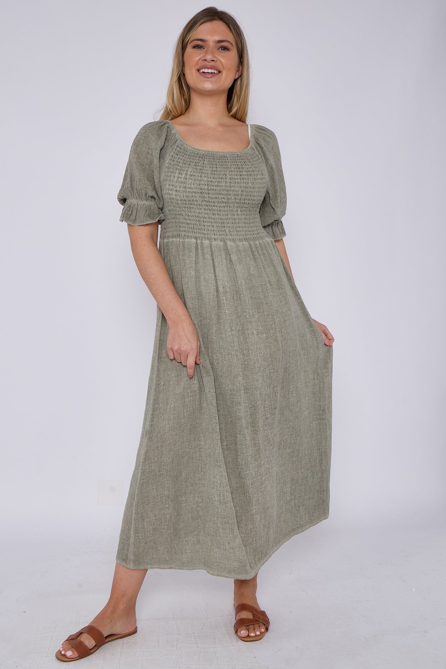 WASHED LINEN SHIRRED RUFFLE SLEEVE DRESS