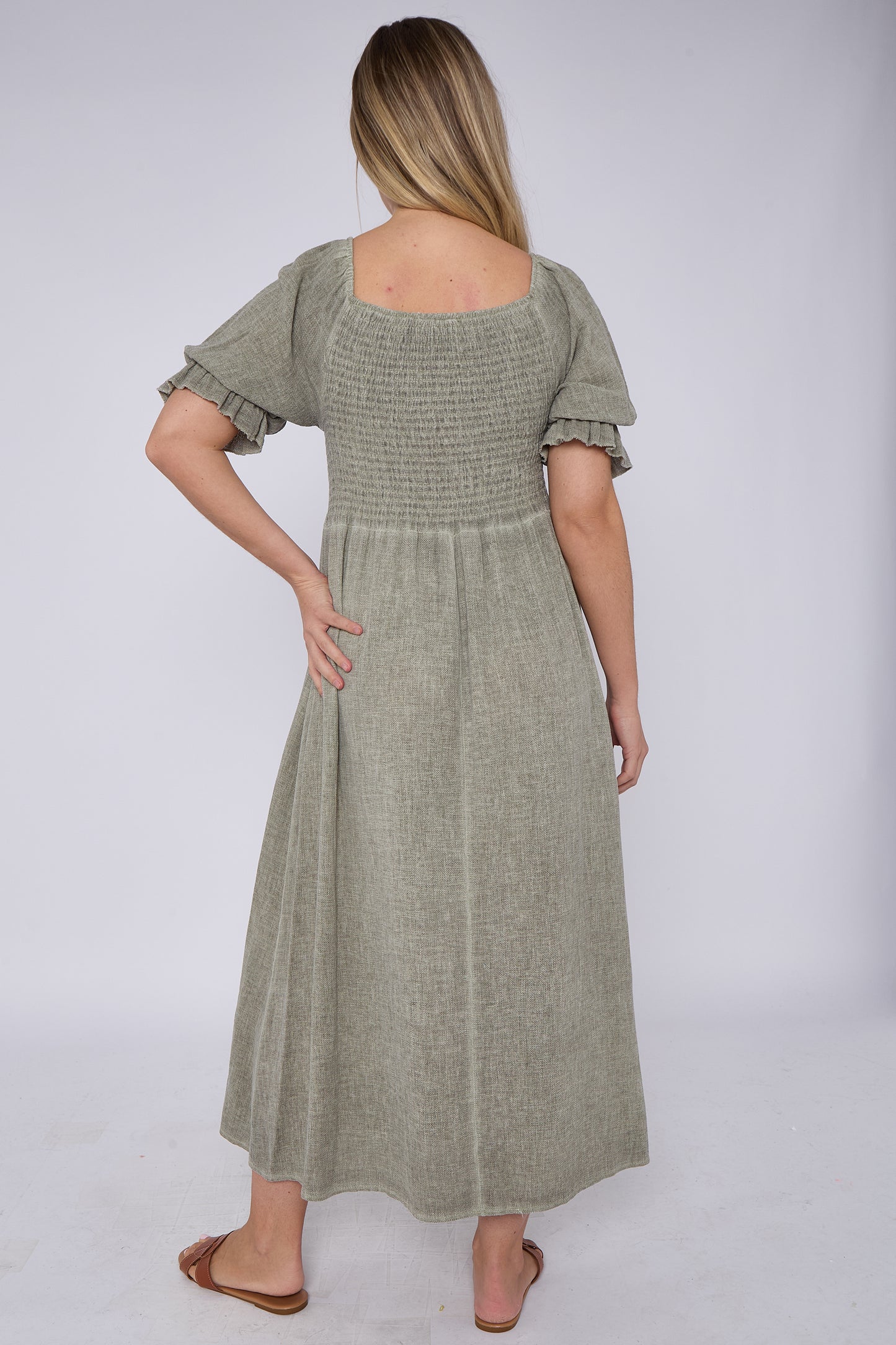 WASHED LINEN SHIRRED RUFFLE SLEEVE DRESS