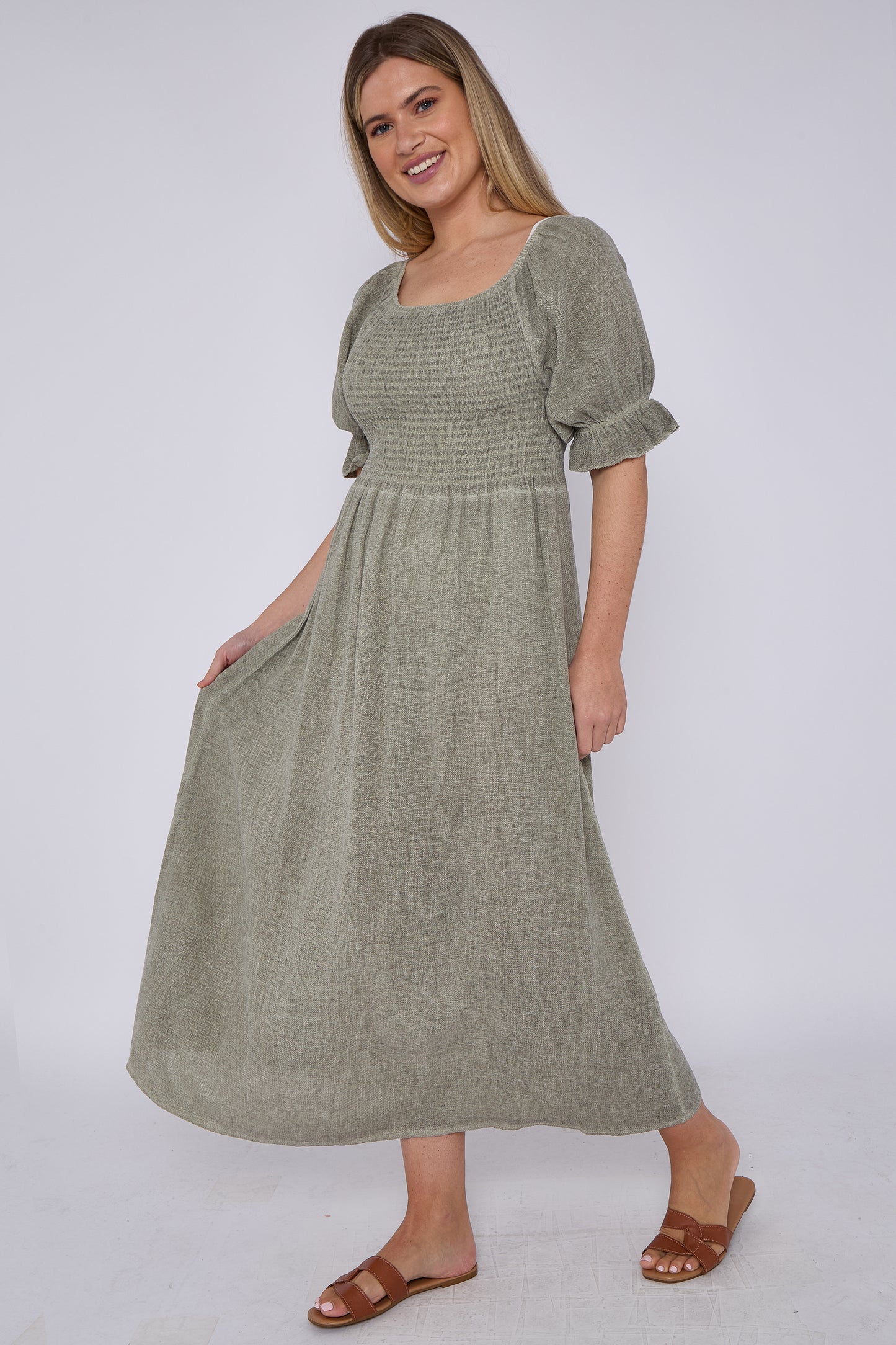 WASHED LINEN SHIRRED RUFFLE SLEEVE DRESS