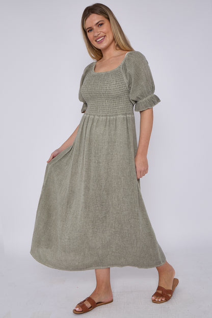 WASHED LINEN SHIRRED RUFFLE SLEEVE DRESS