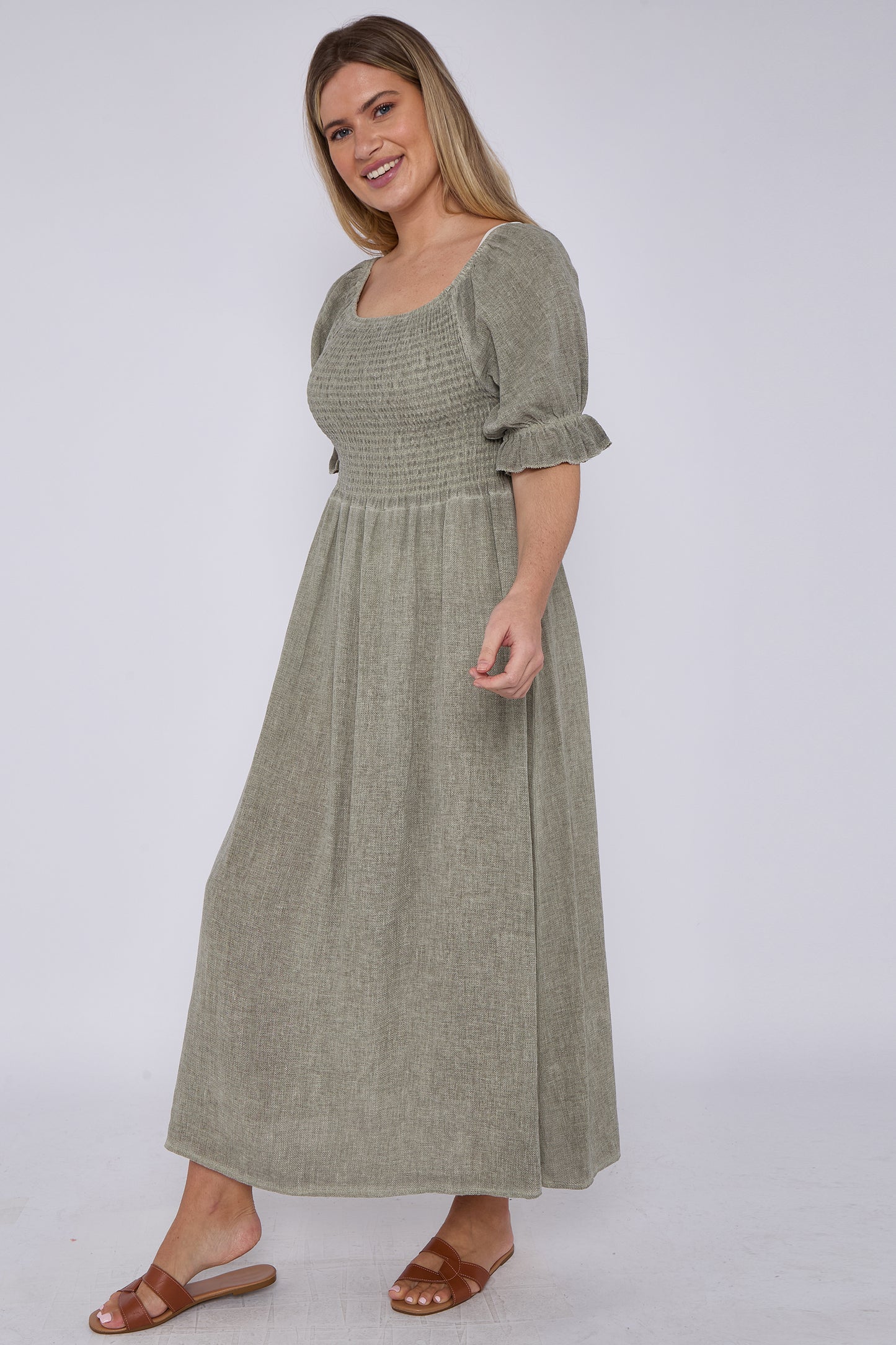 WASHED LINEN SHIRRED RUFFLE SLEEVE DRESS