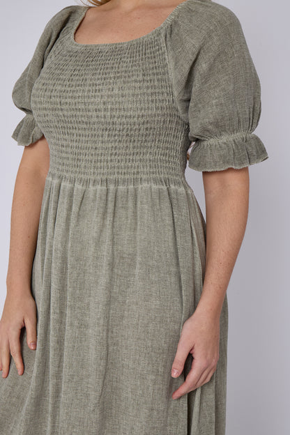 WASHED LINEN SHIRRED RUFFLE SLEEVE DRESS