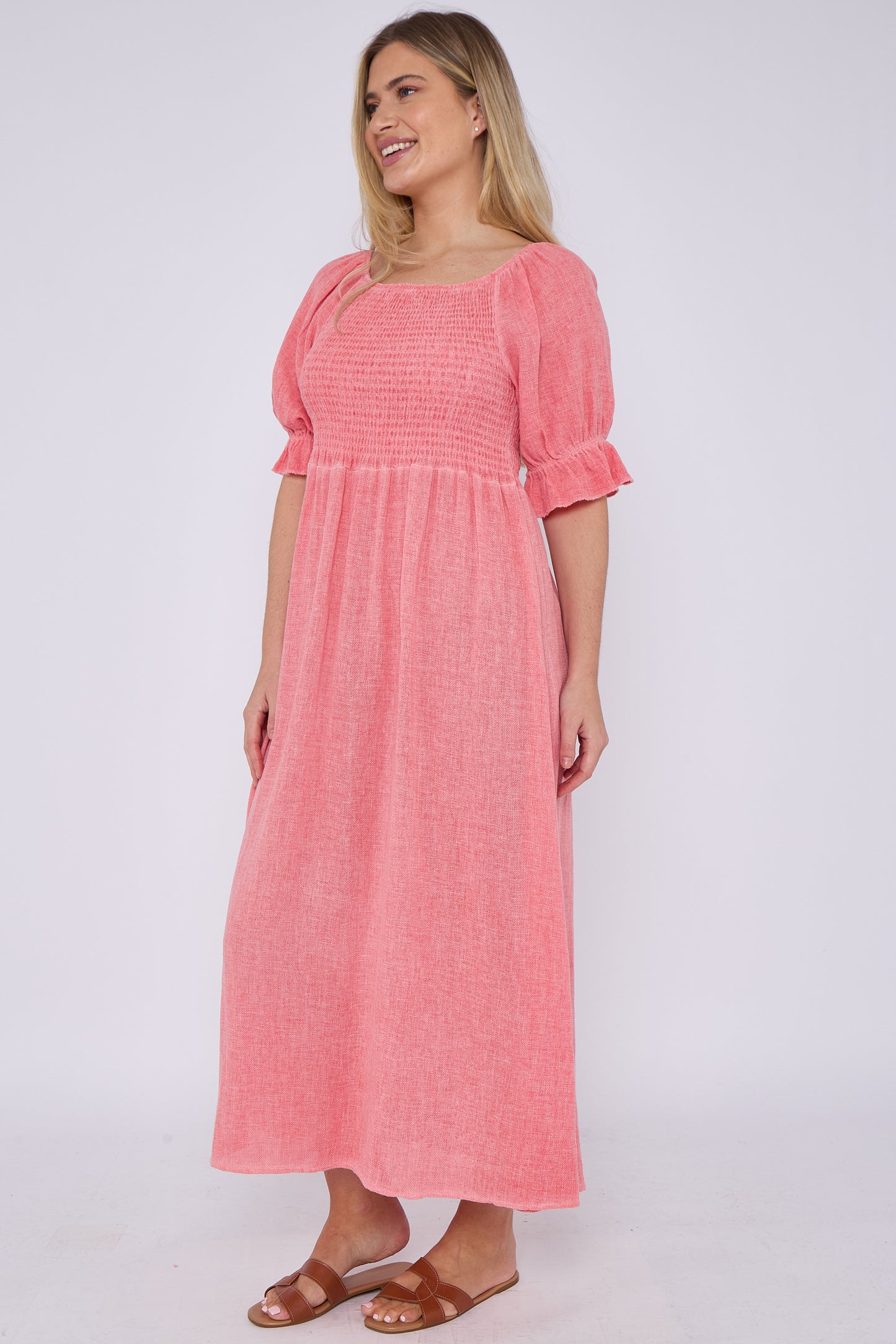WASHED LINEN SHIRRED RUFFLE SLEEVE DRESS