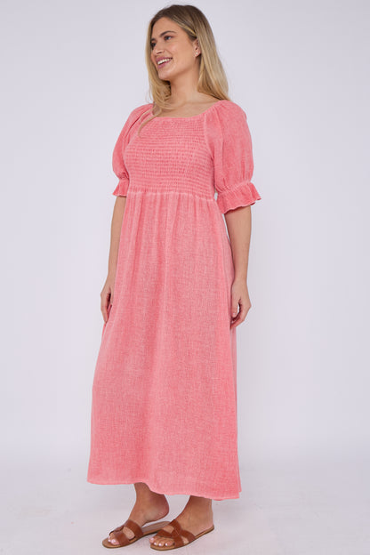 WASHED LINEN SHIRRED RUFFLE SLEEVE DRESS