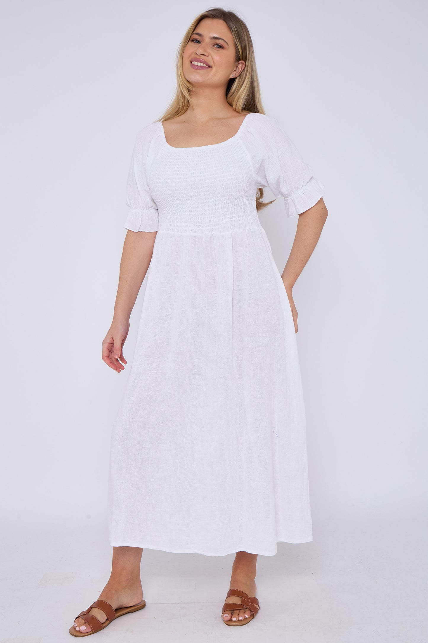 WASHED LINEN SHIRRED RUFFLE SLEEVE DRESS