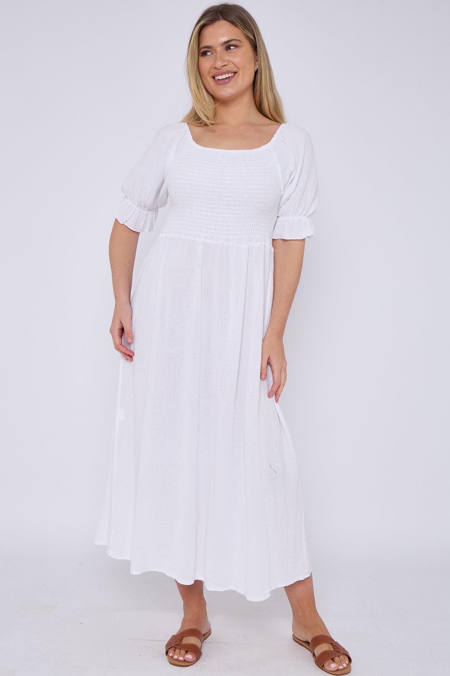 WASHED LINEN SHIRRED RUFFLE SLEEVE DRESS