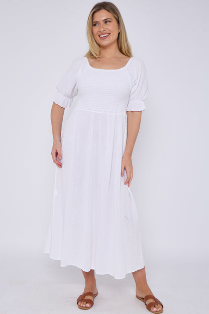 WASHED LINEN SHIRRED RUFFLE SLEEVE DRESS