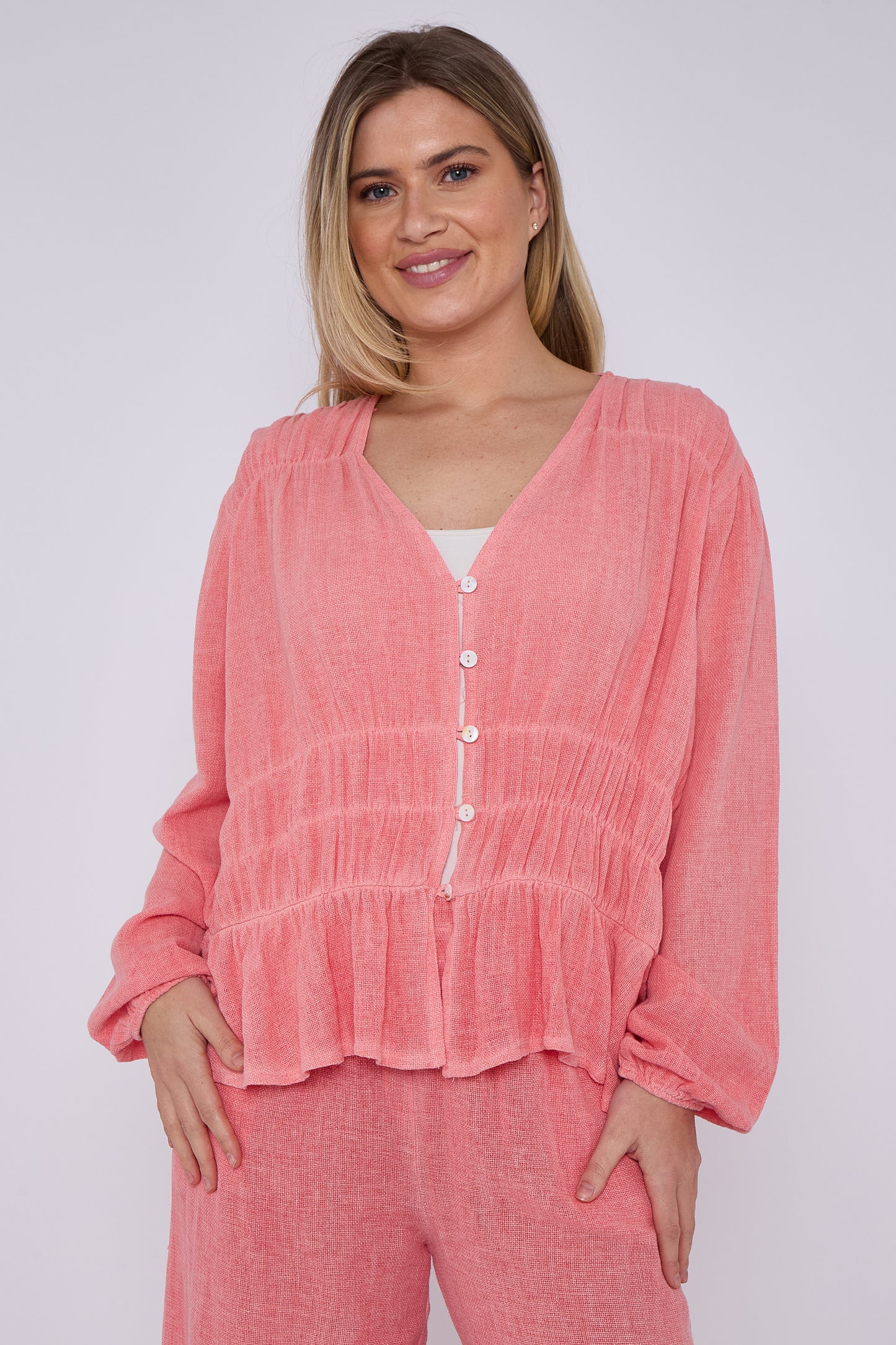 WASHED LINEN ELASTICATED RUCHED TOP