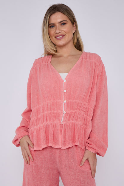 WASHED LINEN ELASTICATED RUCHED TOP
