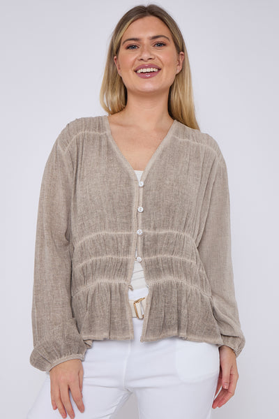 WASHED LINEN ELASTICATED RUCHED TOP