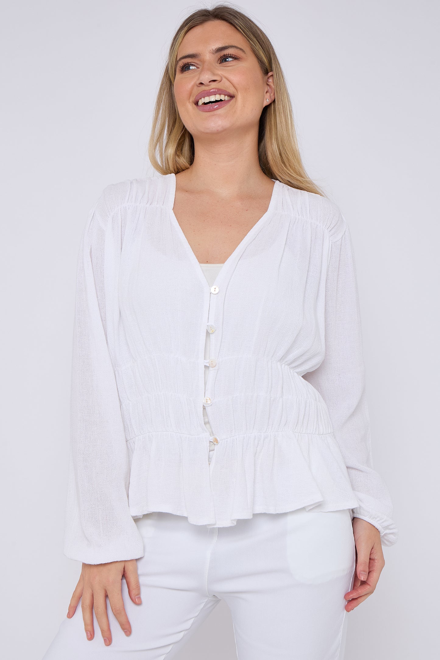 WASHED LINEN ELASTICATED RUCHED TOP