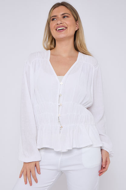WASHED LINEN ELASTICATED RUCHED TOP