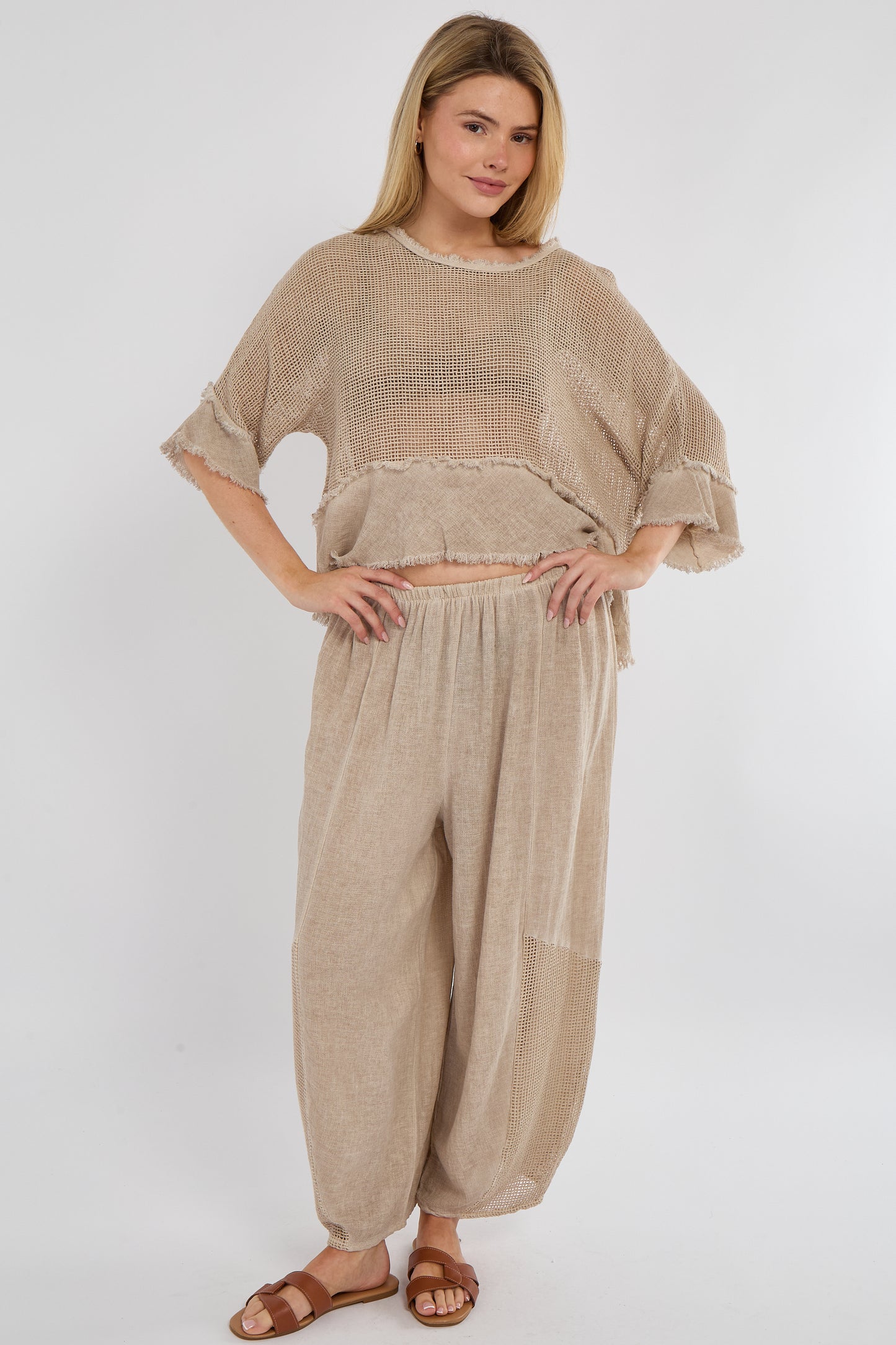 WASHED LINEN MESH FRINGE EDGED TOP