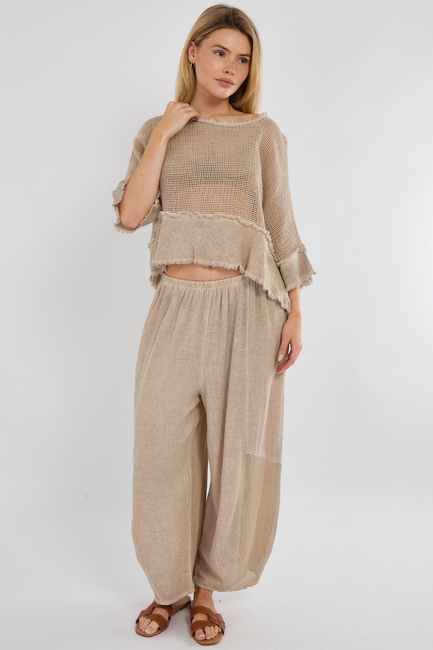 WASHED LINEN MESH FRINGE EDGED TOP