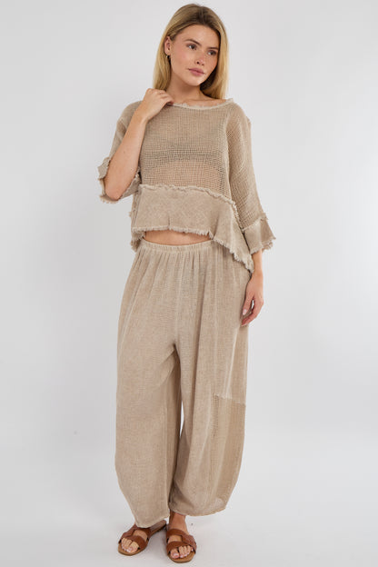 WASHED LINEN MESH FRINGE EDGED TOP
