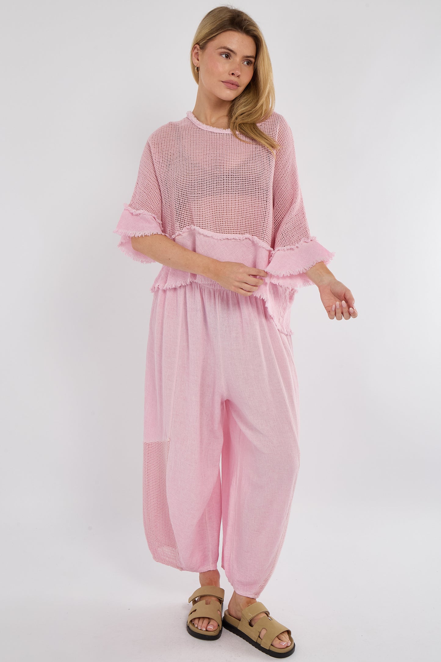 WASHED LINEN MESH FRINGE EDGED TOP
