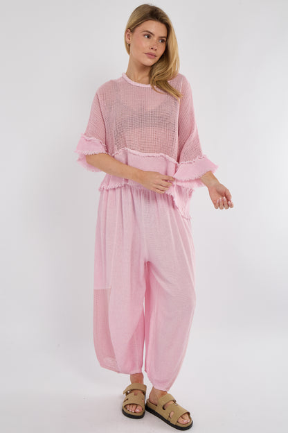 WASHED LINEN MESH FRINGE EDGED TOP