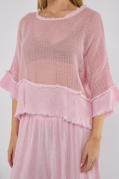 WASHED LINEN MESH FRINGE EDGED TOP