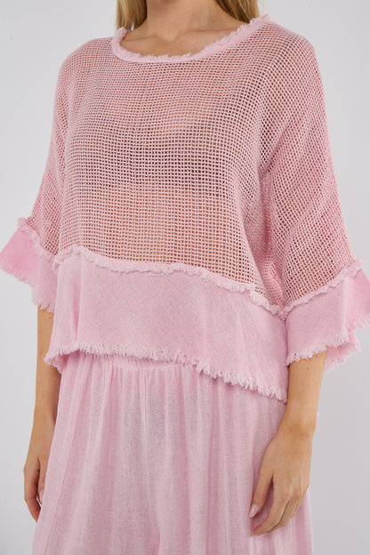 WASHED LINEN MESH FRINGE EDGED TOP