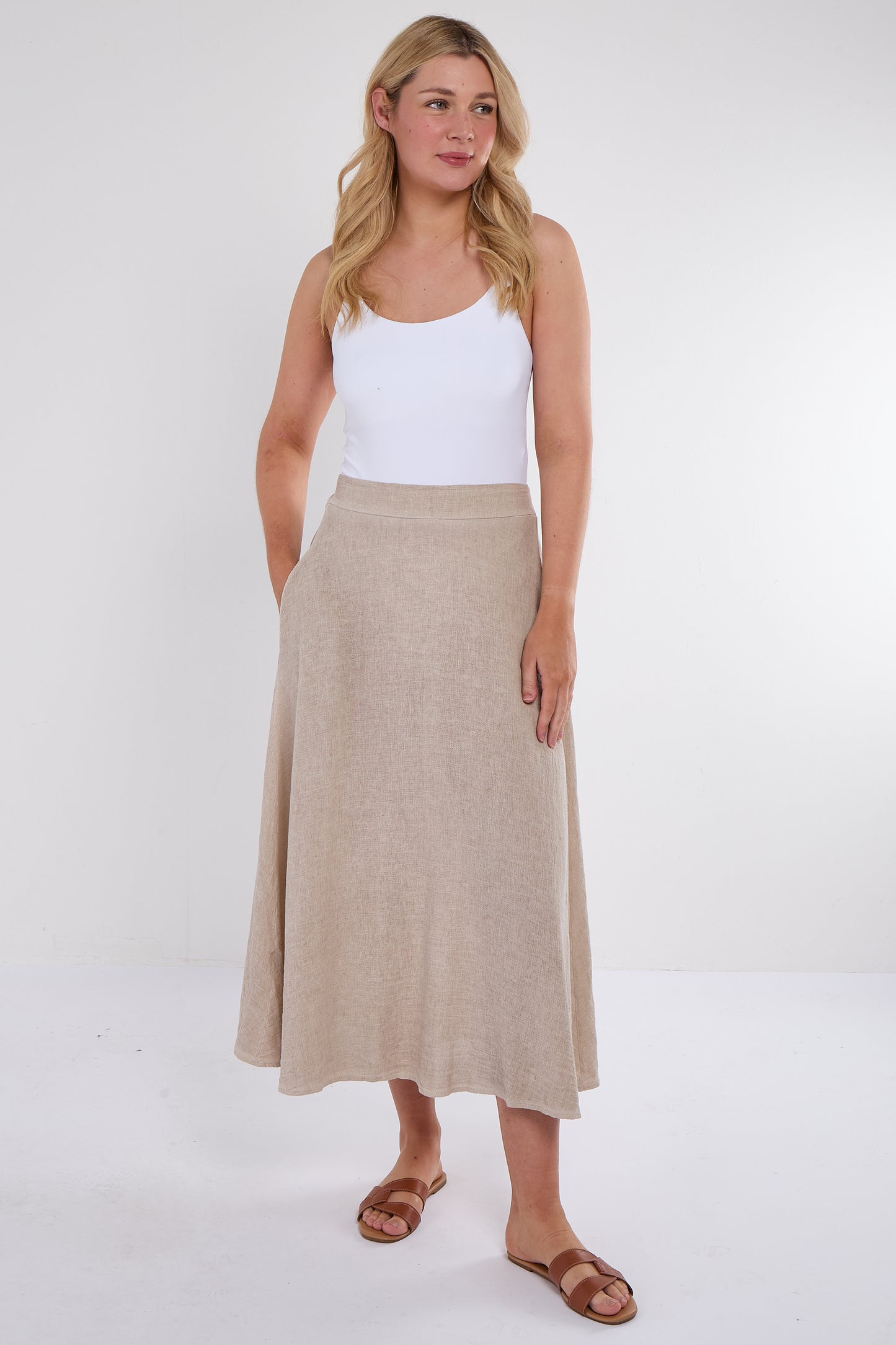 WASHED LINEN SIDE POCKETS A LINE SKIRT