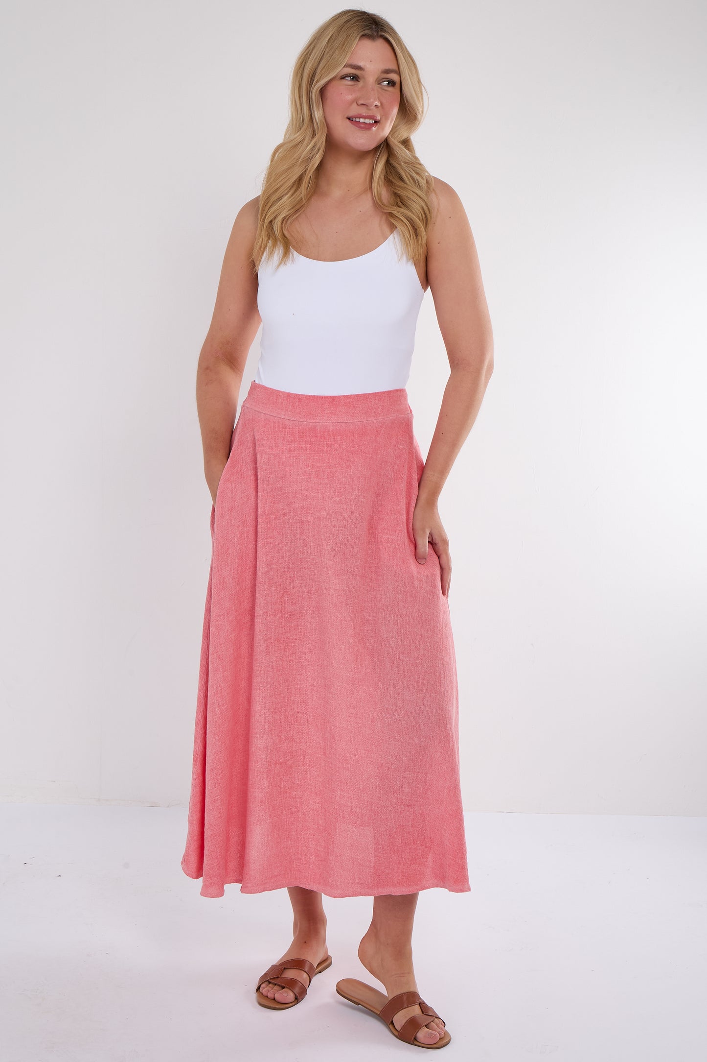 WASHED LINEN SIDE POCKETS A LINE SKIRT