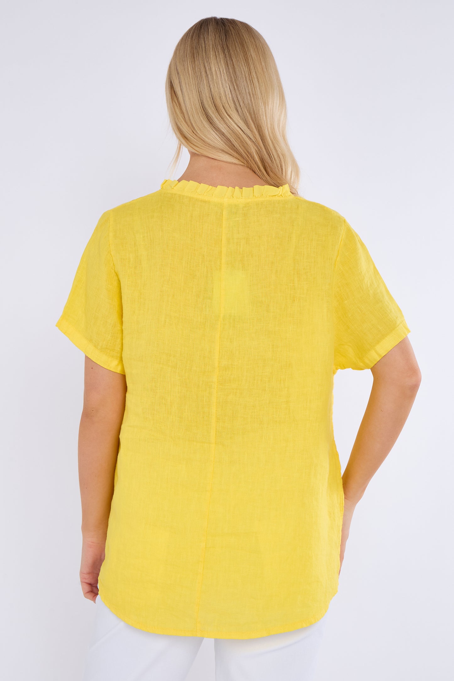 EMBOSSED CIRCLE FRILL NECK LINEN TOP