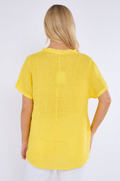 EMBOSSED CIRCLE FRILL NECK LINEN TOP