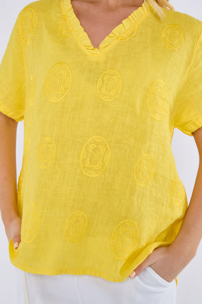 EMBOSSED CIRCLE FRILL NECK LINEN TOP