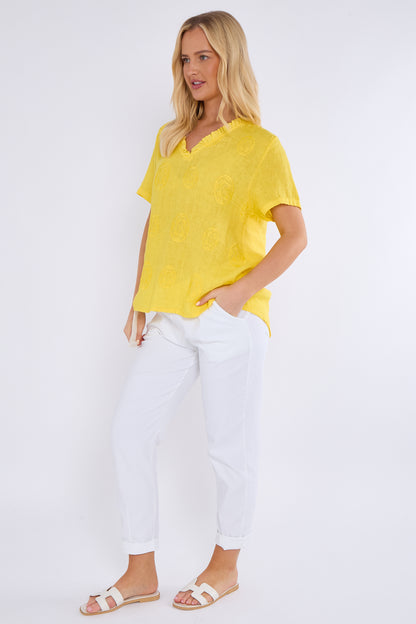 EMBOSSED CIRCLE FRILL NECK LINEN TOP