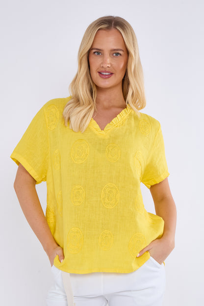 EMBOSSED CIRCLE FRILL NECK LINEN TOP