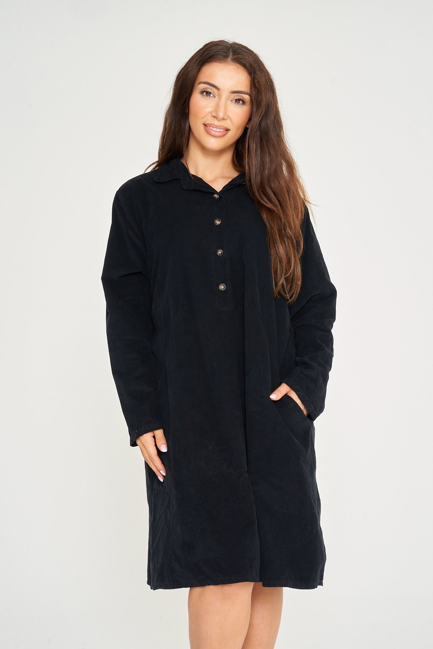 FINE NEEDLECORD TWO POCKET BUTTON-UP DRESS