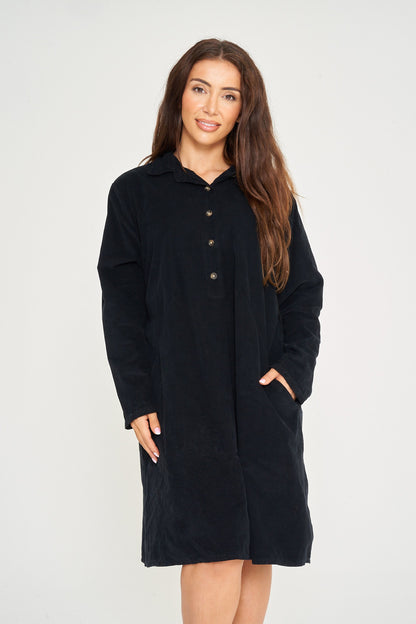 FINE NEEDLECORD TWO POCKET BUTTON-UP DRESS