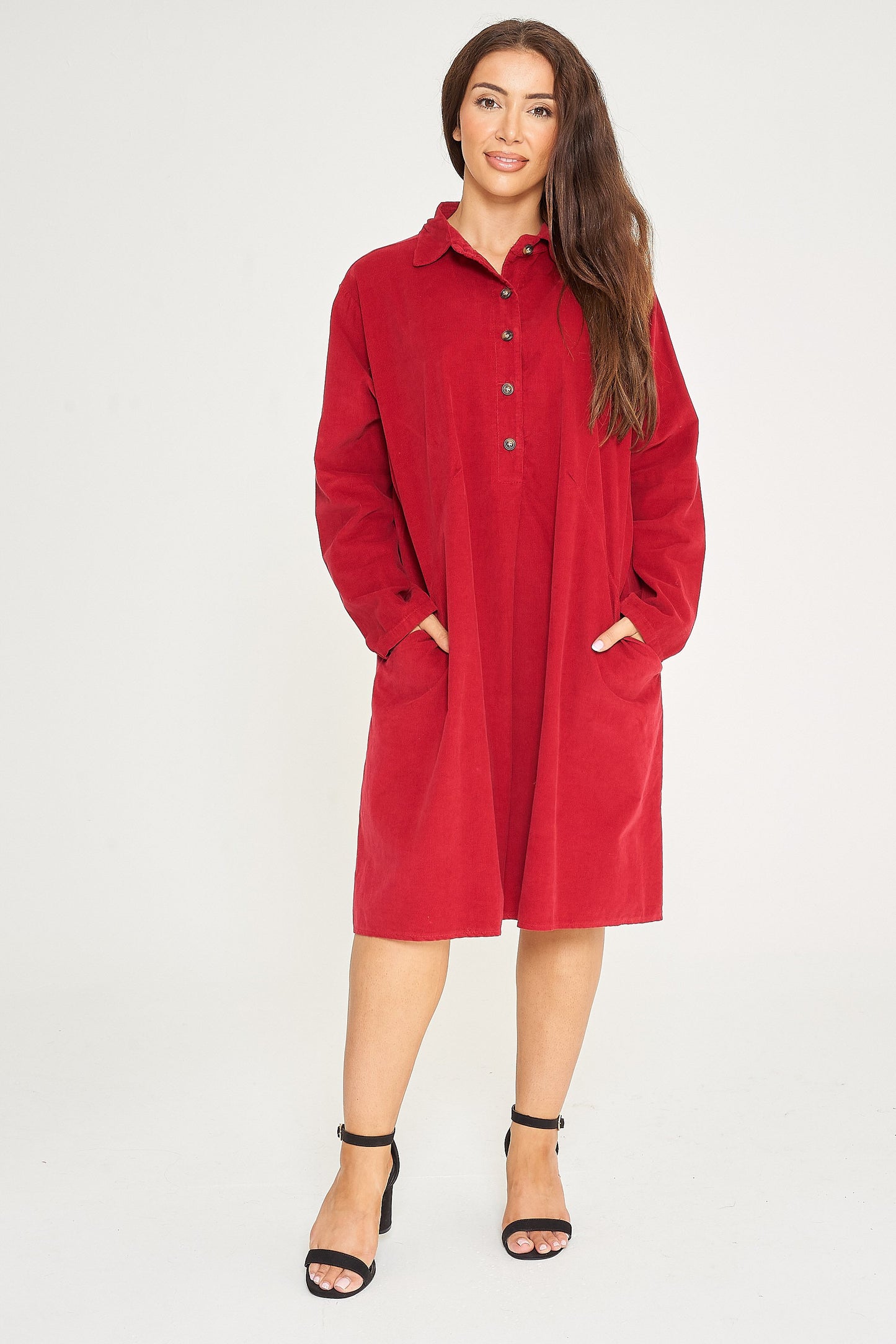 FINE NEEDLECORD TWO POCKET BUTTON-UP DRESS