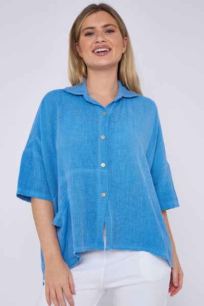 WASHED LINEN HALF SLEEVE ONE POCKET SHIRT