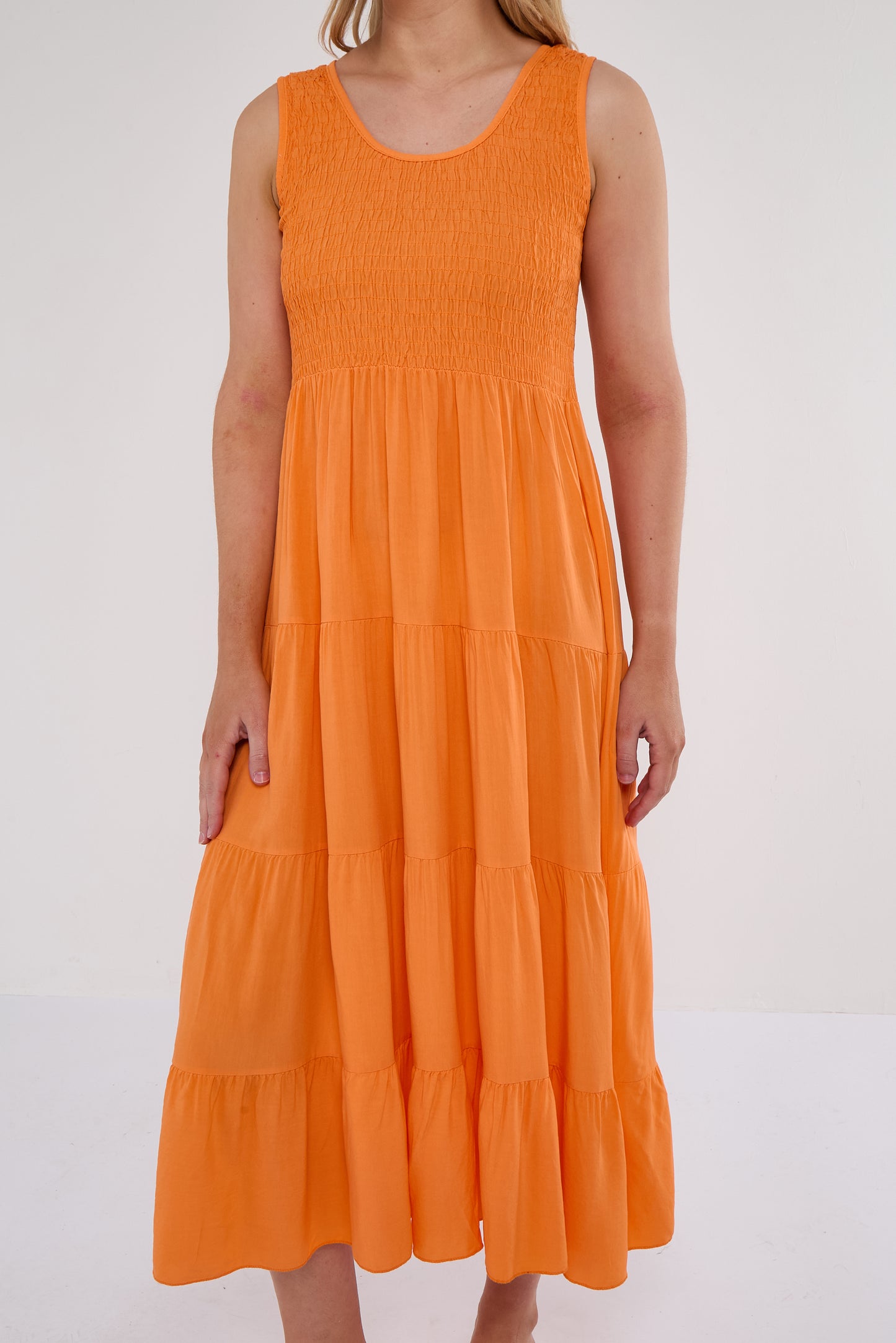 SHIRRED TIERED SLEEVELESS DRESS