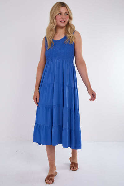 SHIRRED TIERED SLEEVELESS DRESS
