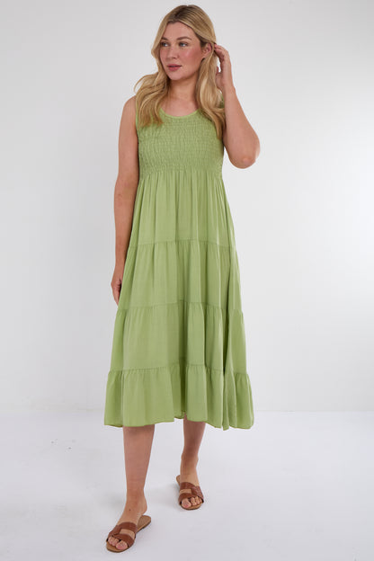 SHIRRED TIERED SLEEVELESS DRESS
