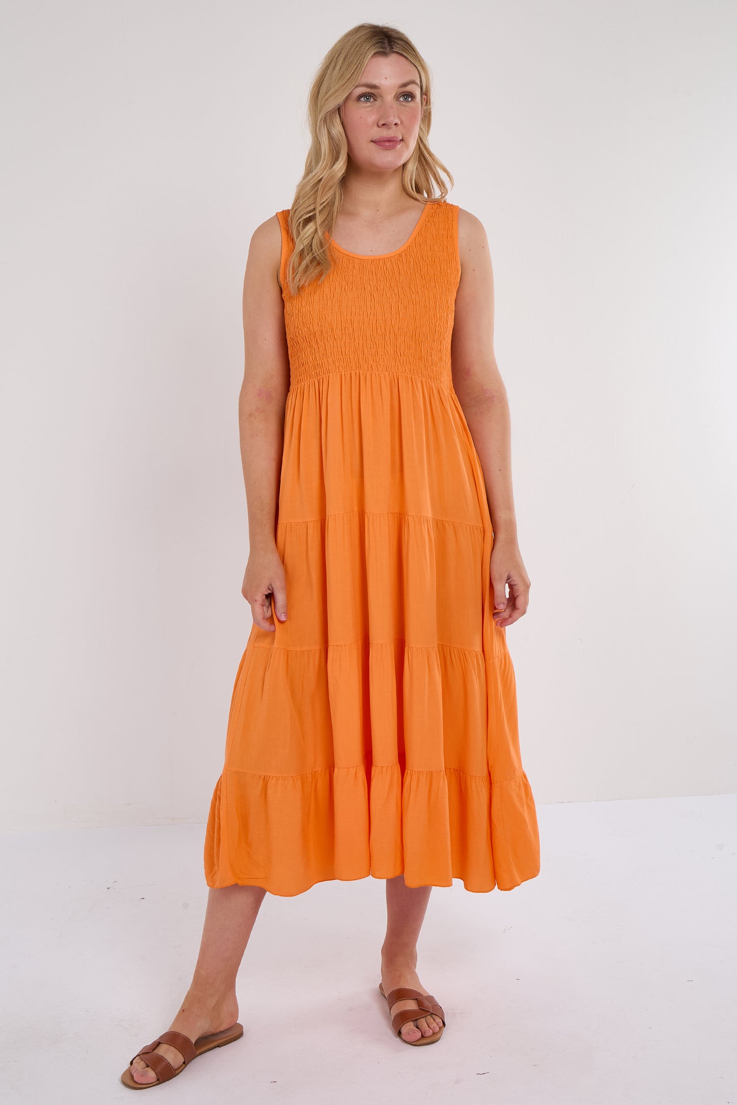 SHIRRED TIERED SLEEVELESS DRESS