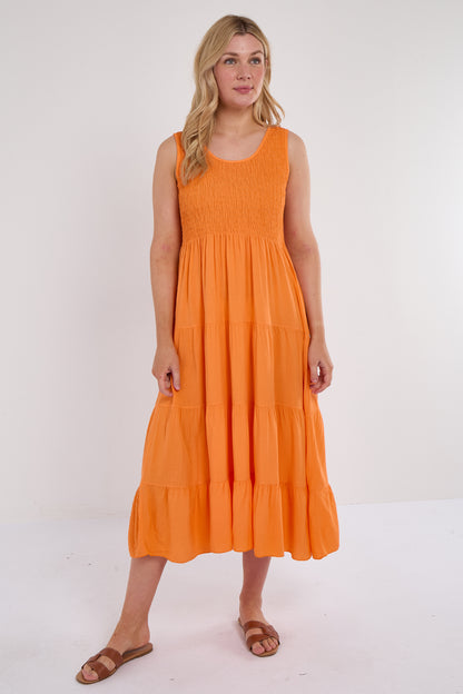 SHIRRED TIERED SLEEVELESS DRESS