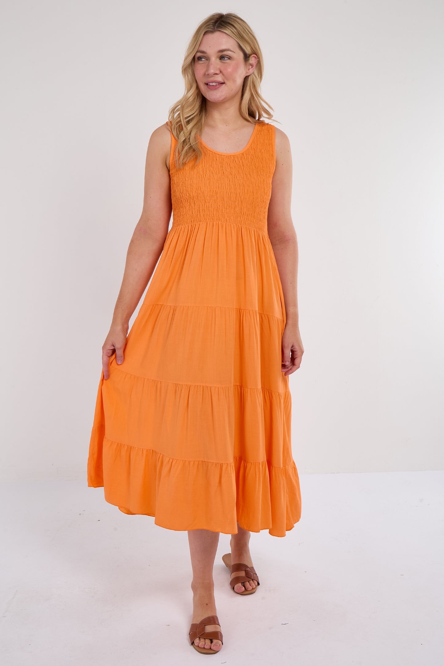 SHIRRED TIERED SLEEVELESS DRESS