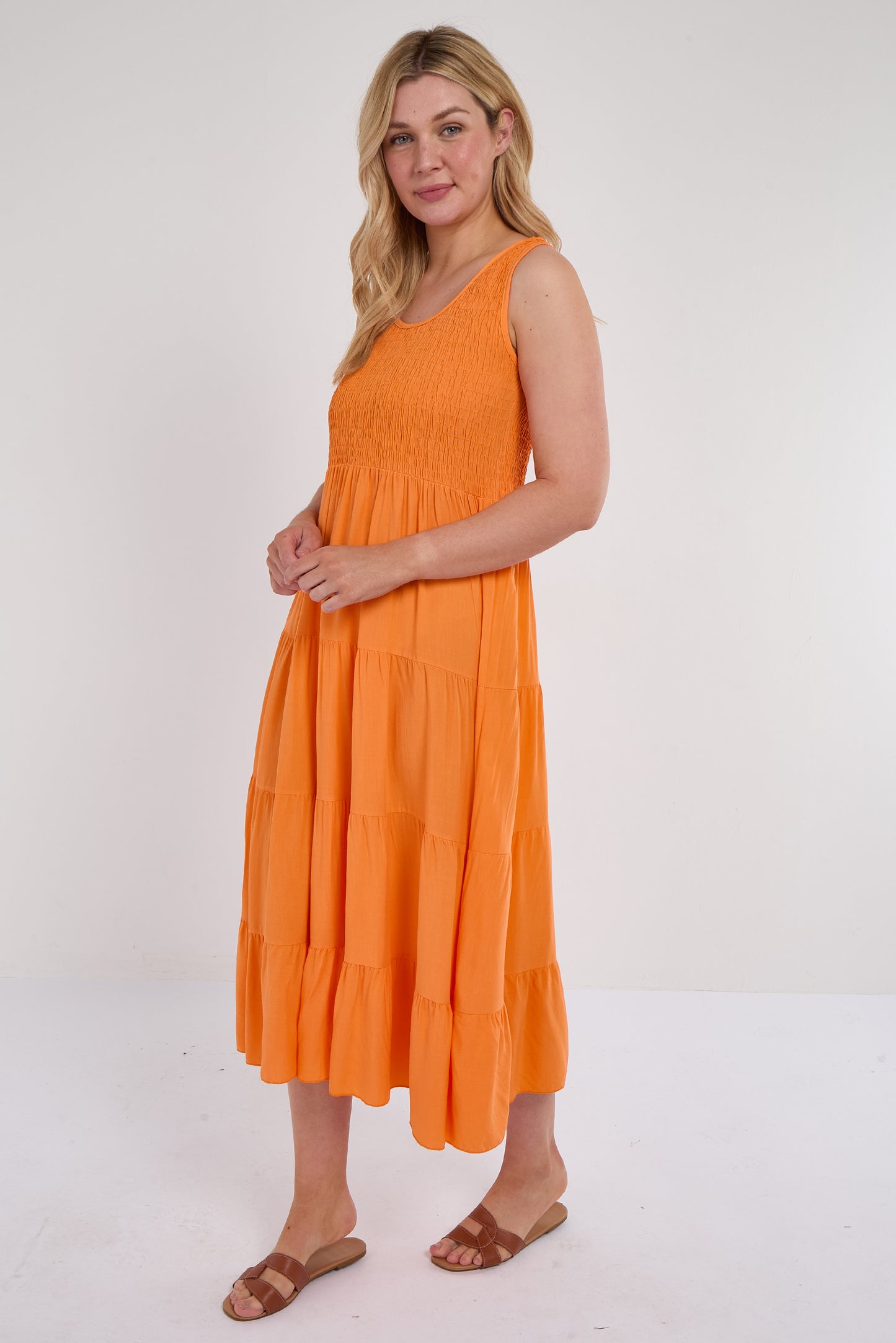 SHIRRED TIERED SLEEVELESS DRESS