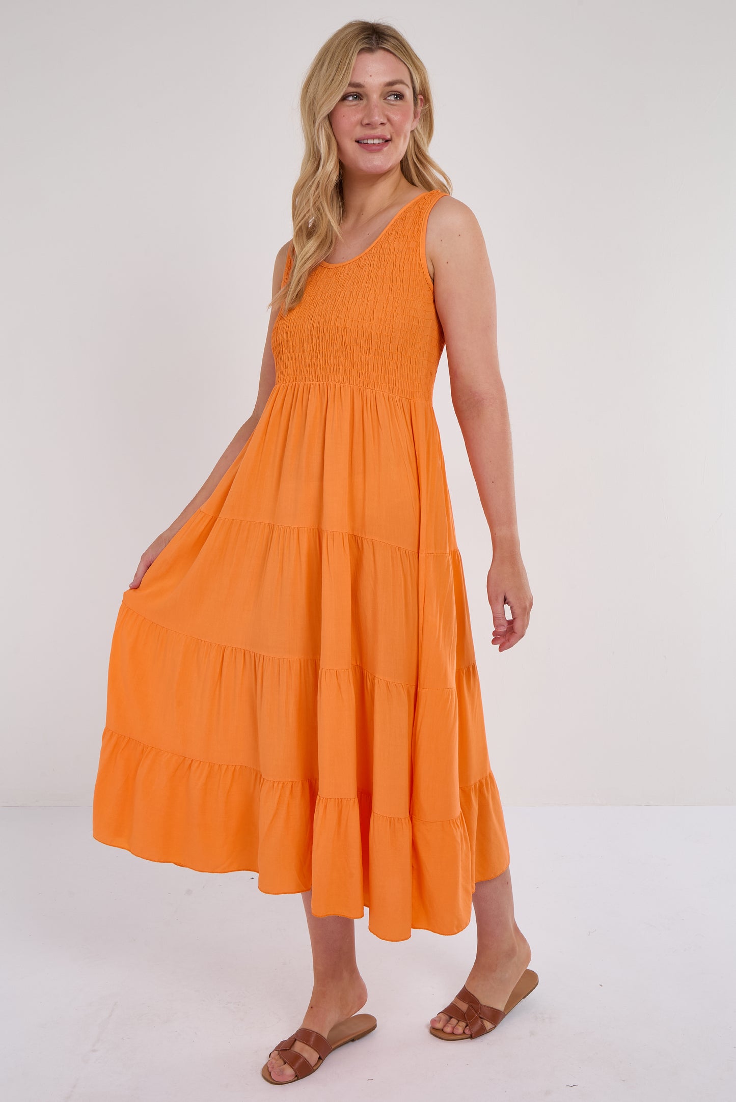 SHIRRED TIERED SLEEVELESS DRESS