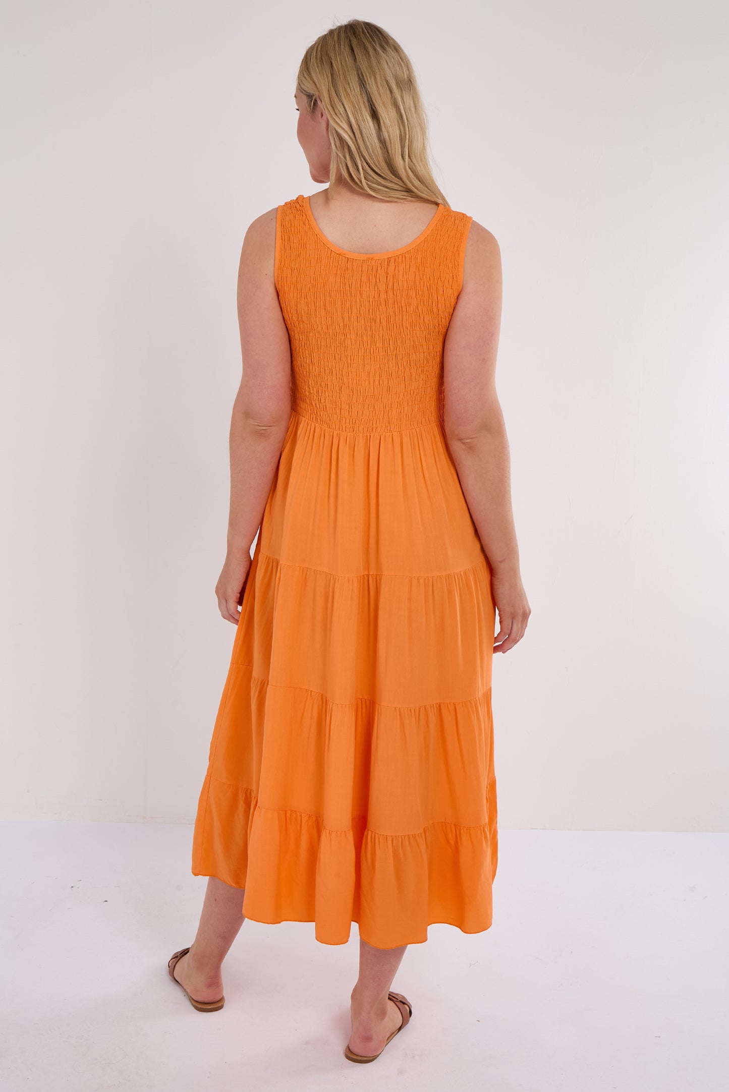 SHIRRED TIERED SLEEVELESS DRESS