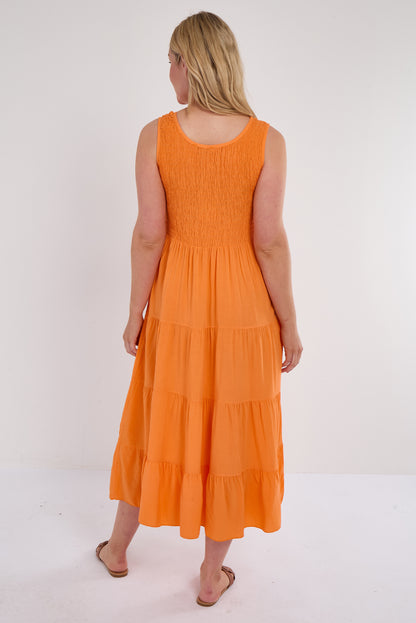 SHIRRED TIERED SLEEVELESS DRESS