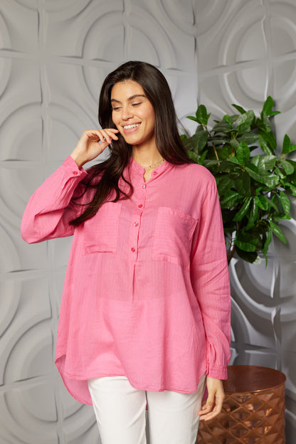 Grandad Collar Self Stripe Button Cotton Top